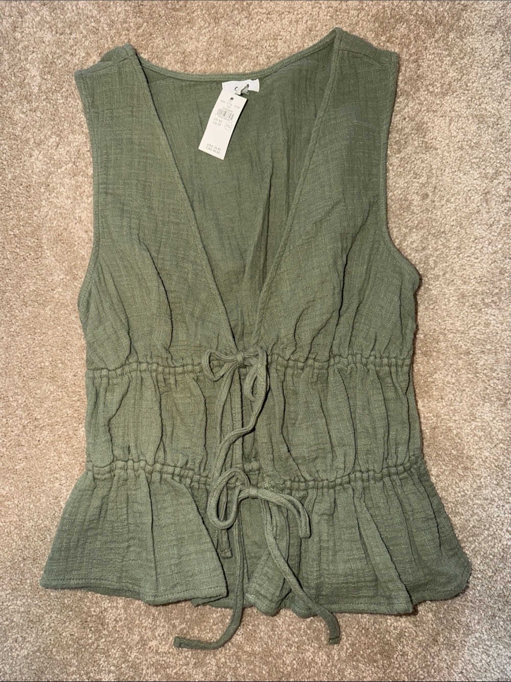 Olive Tie-Front Sleeveless Waist-Detail Top